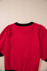 Red Sequin Rugby Color Block Puff Short Sleeve Sweater