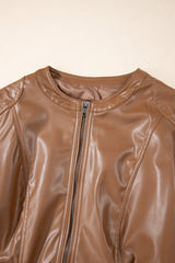 Chestnut Solid Faux Leather Zipper Slim Fit Jacket