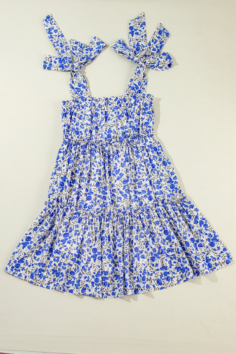 Blue Rose Floral Knotted Straps Tiered Babydoll Dress