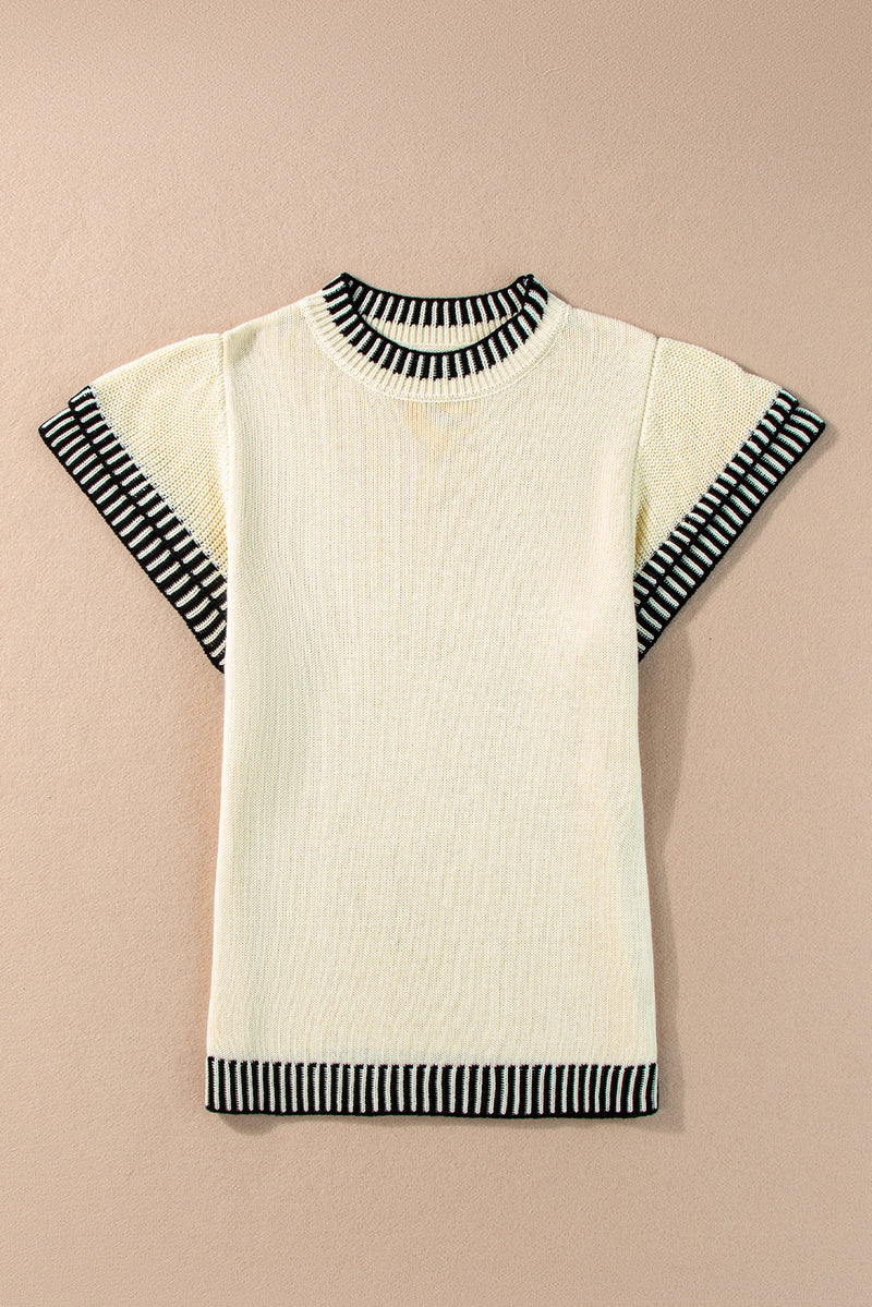 Beige Contrast Trim Round Neck Batwing Sleeve Knitted Top