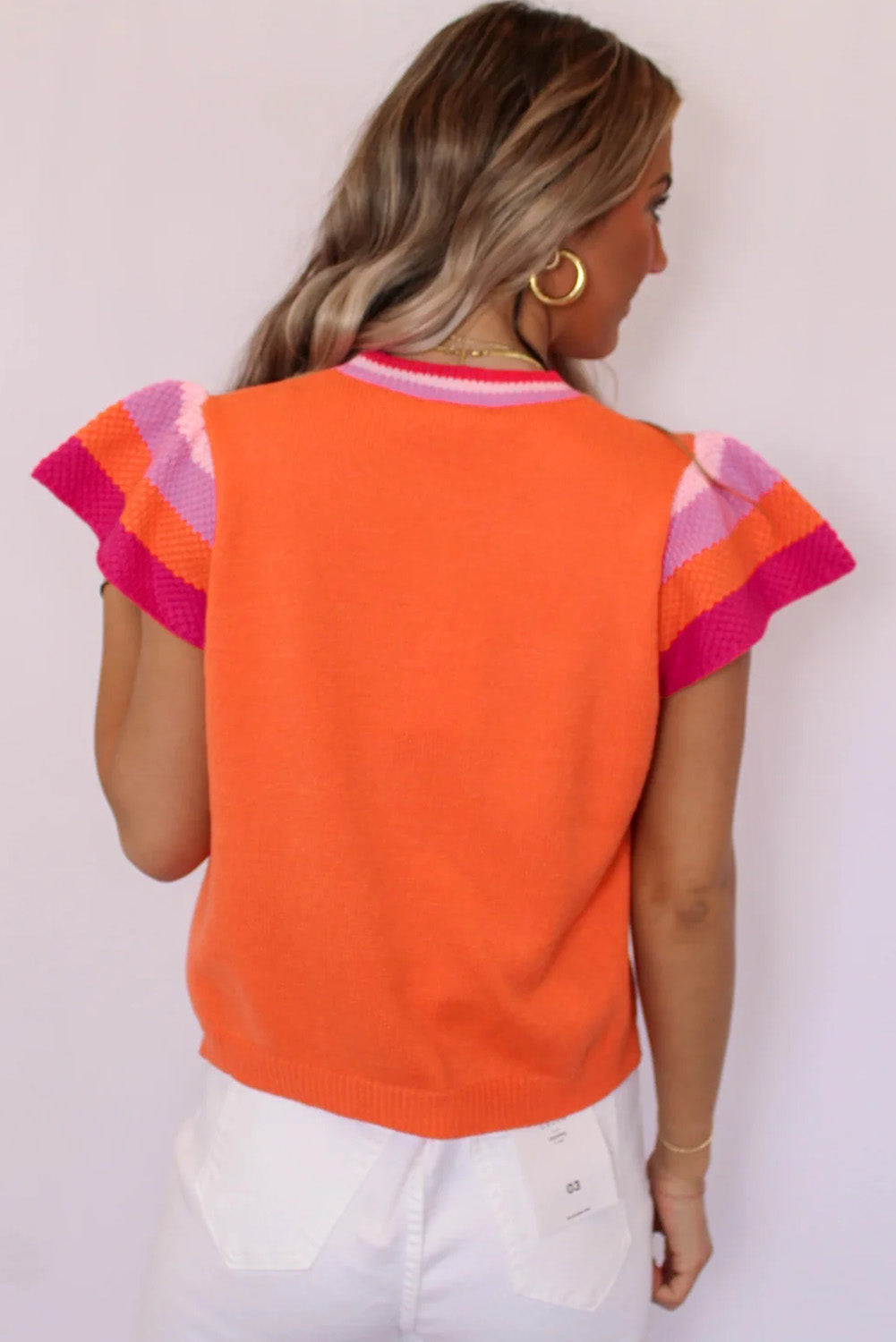 Carrot Contrast Flutter Sleeves Knitted Sweater T Shirt