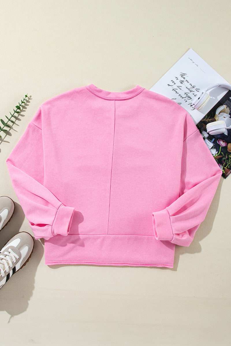 Sachet Pink Solid Color Buttoned Neckline Loose Sweatshirt