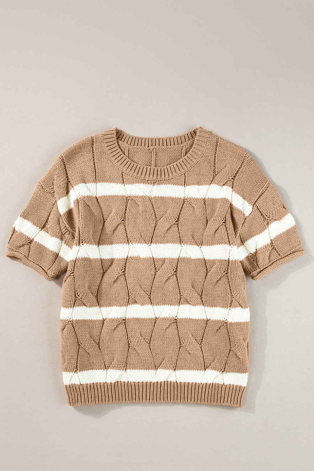 Dark Khaki Striped Cable Short Sleeve Sweater