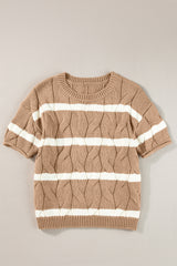 Dark Khaki Striped Cable Short Sleeve Sweater