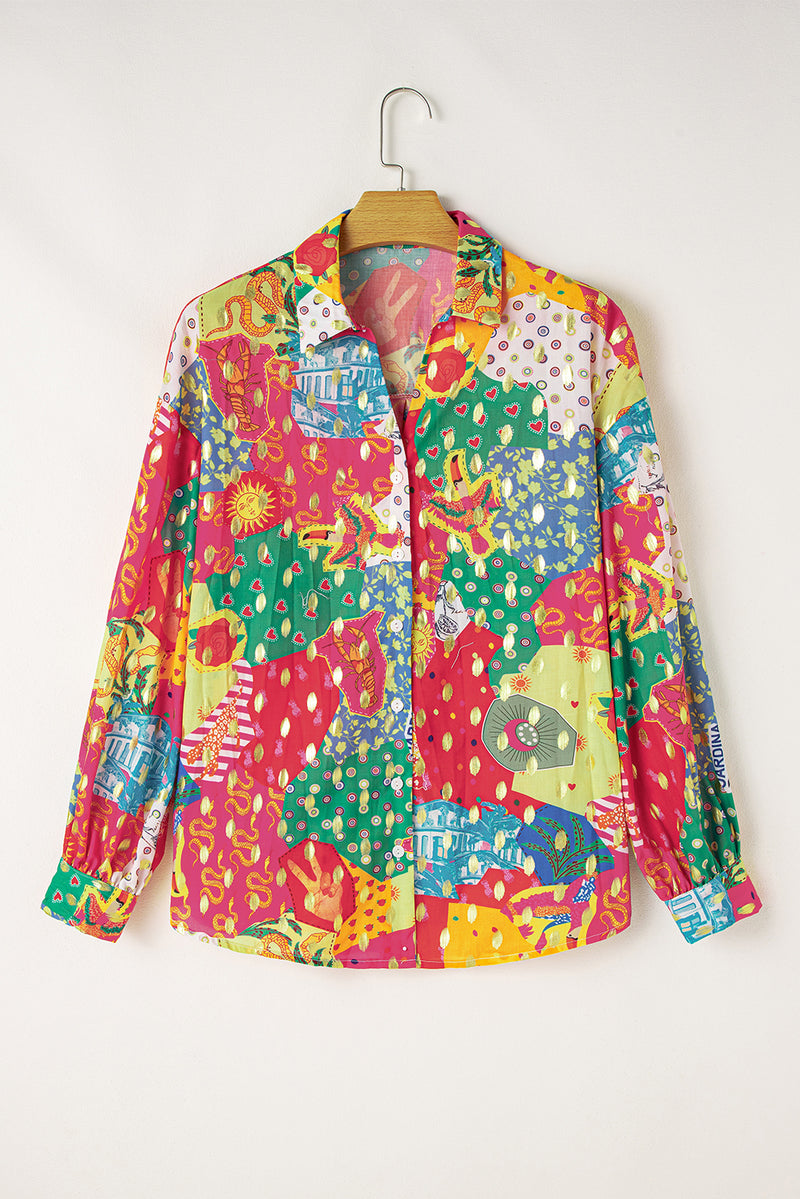 Rose Red Colorblock Abstract Print Button up Loose Shirt