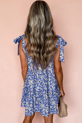 Blue Rose Floral Knotted Straps Tiered Babydoll Dress