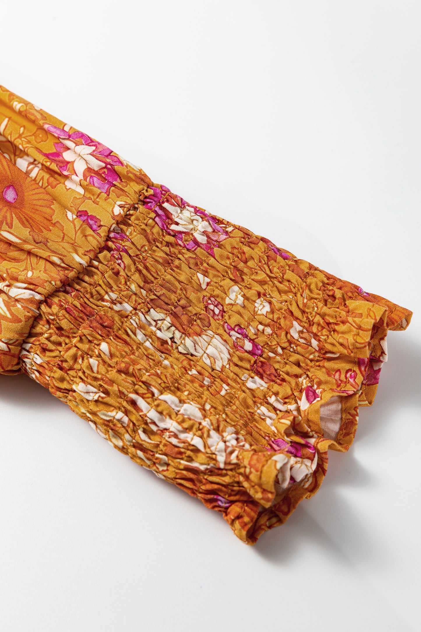 Orange Floral Print Smocked Waist Long Sleeve Boho Maxi Dress