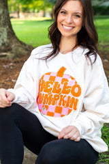 White Terry Halloween Pumpkin Patched Pattern Pullover Sweatshirt