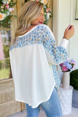 White Abstract Floral Patchwork Batwing Sleeve V Neck Blouse