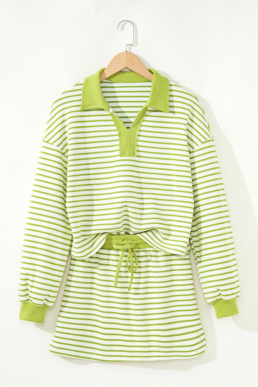 Green Stripe Collared V Neck Drop Shoulder Pullover and Skort 2pcs Outfit