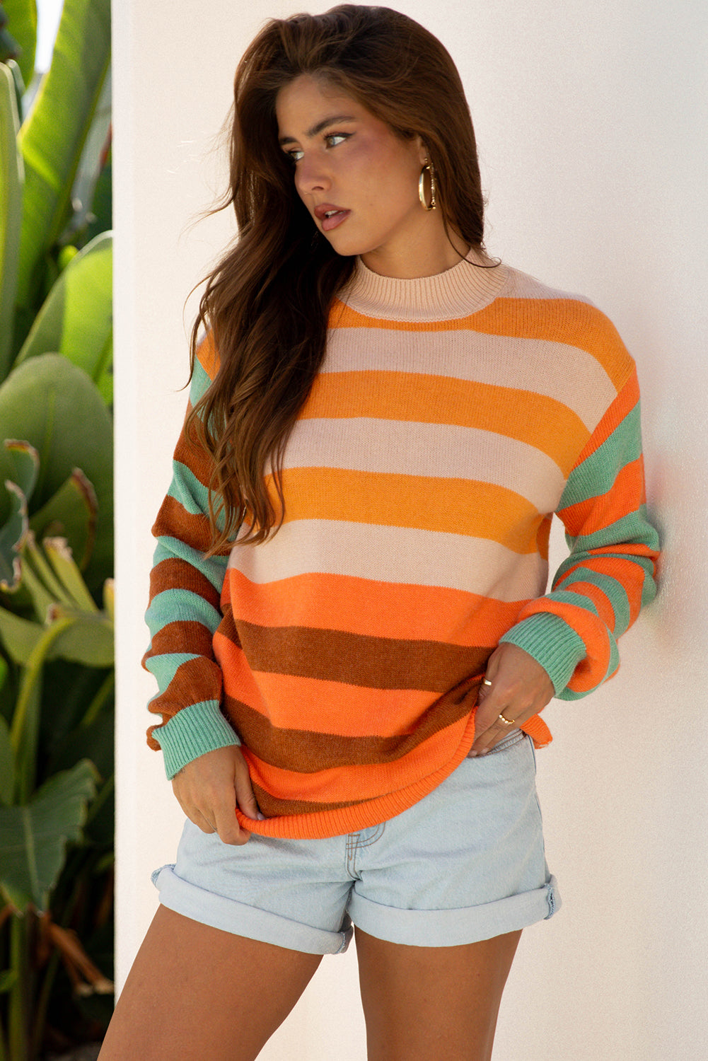 Orange Stripe Color Block High Neck Drop Shoulder Cozy Sweater