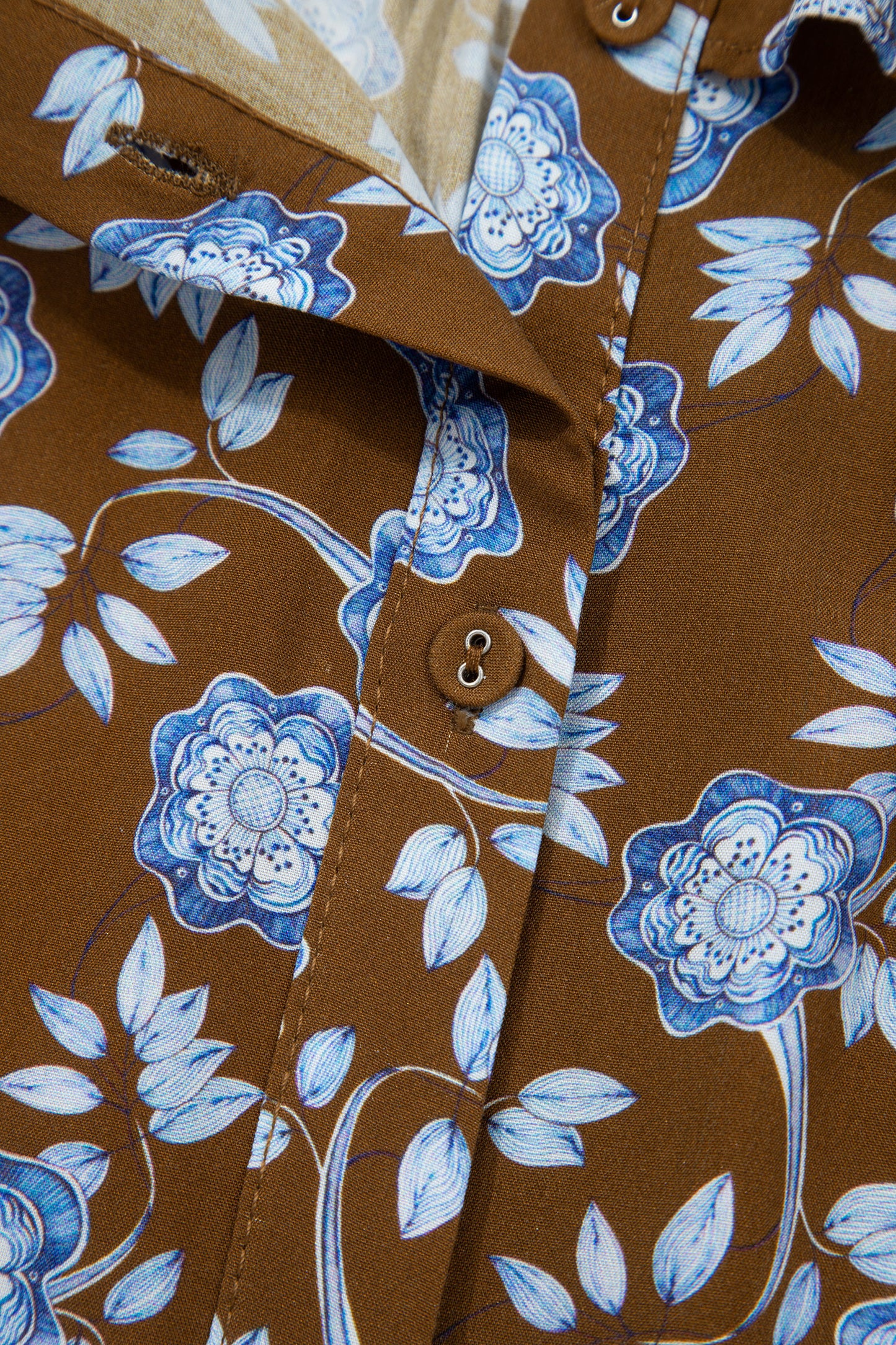 Brown Floral Print Ruffled Detail Shirt Collar Button Down Long Sleeve Dress