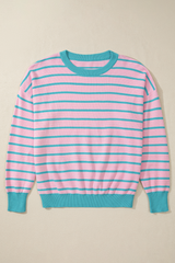 Pink Stripe Trimmed Round Neck Drop Shoulder Loose Sweater