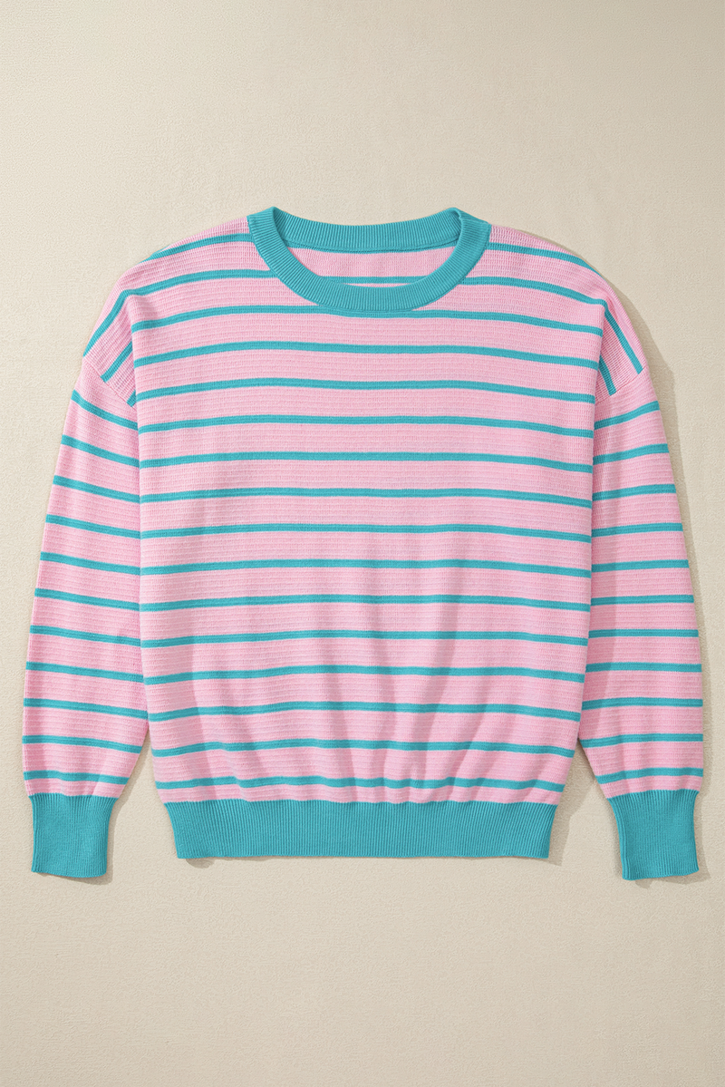 Pink Stripe Trimmed Round Neck Drop Shoulder Loose Sweater