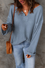 Dusk Blue Waffle Knit Loose Long Sleeve Top