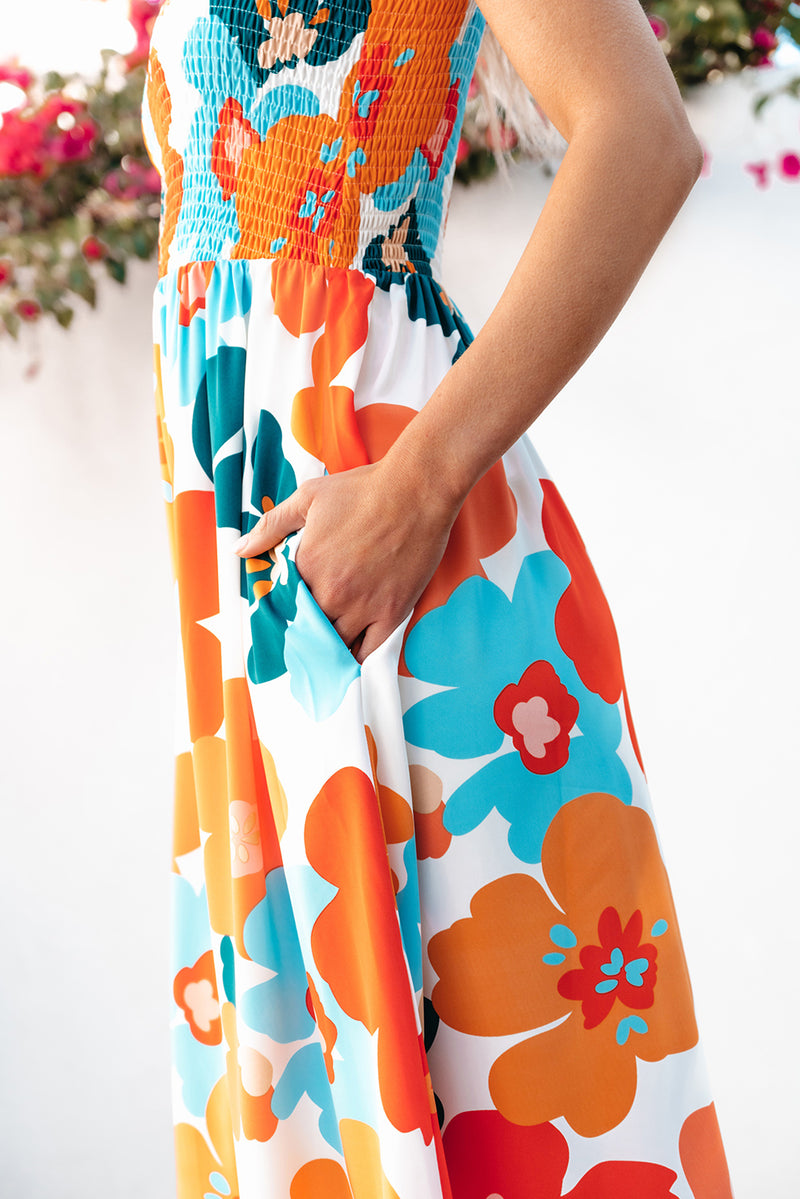 Orange Floral Self Tied Straps Smocked Bust Maxi Dress