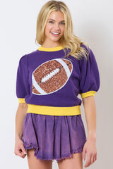 Purple Sequin Rugby Color Block Puff Short Sleeve Sweater