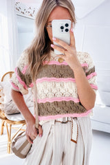 Brown Stripe Color Block Hollow Out Crochet Half Sleeve Sweater