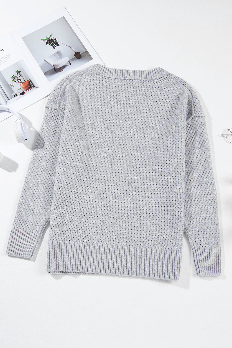 Light Grey Loose Eyelet V Neck Drop Shoulder Sweater