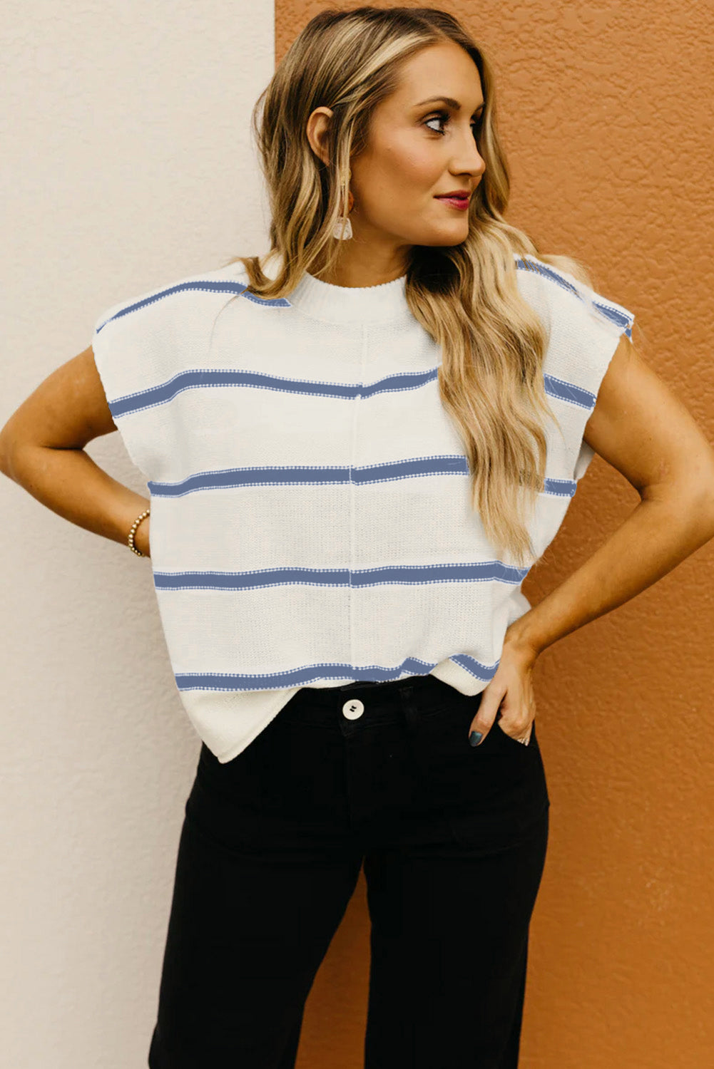Blue Striped Batwing Sleeve Sweater Tee