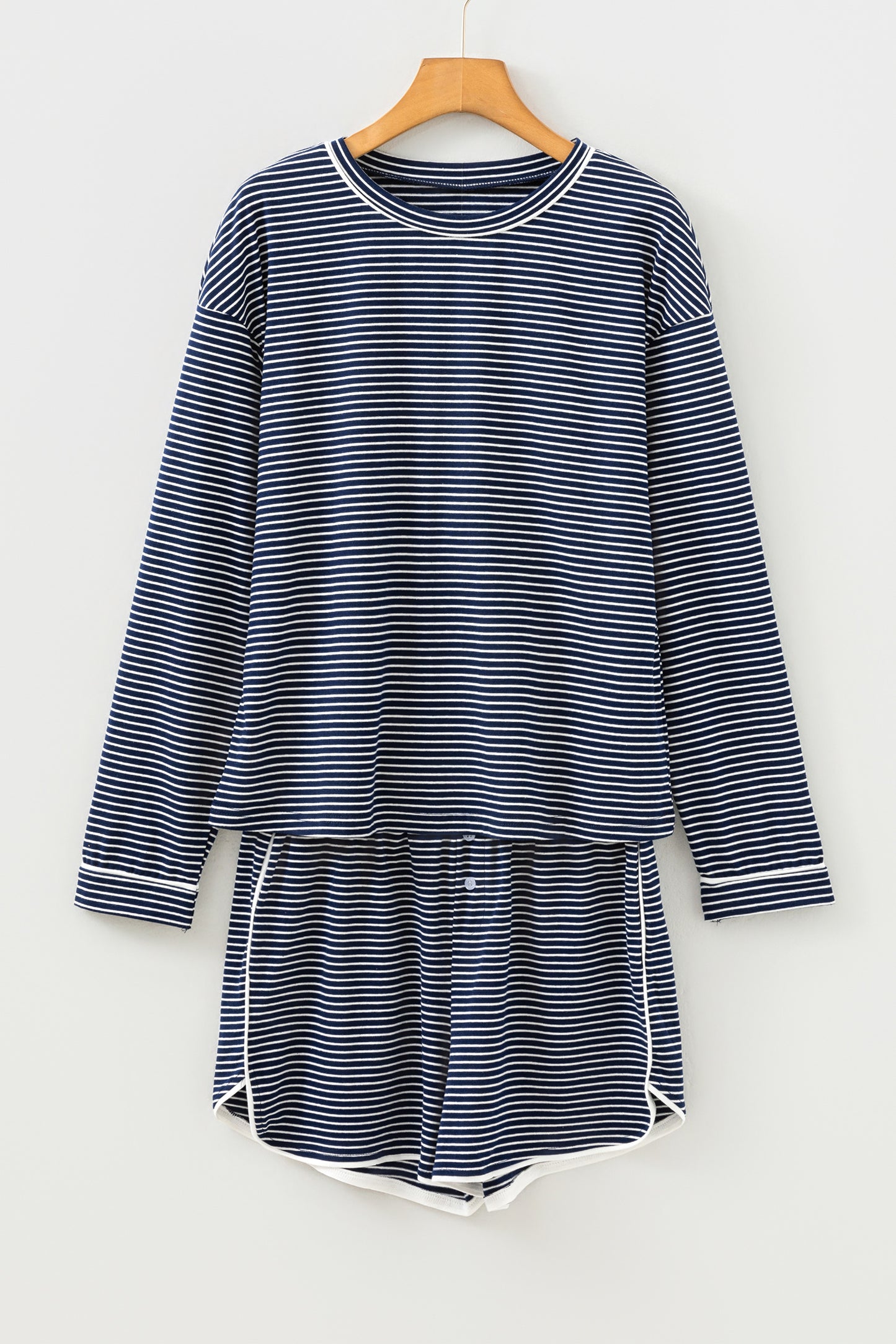 Blue Stripe Drop Shoulder Round Neck Long Sleeve Tee and Buttoned Shorts 2pcs Lounge Set