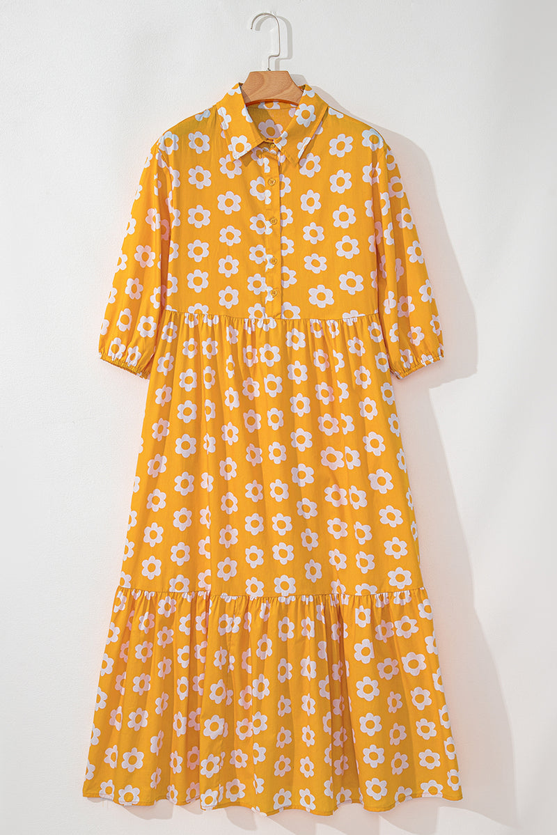 Yellow Flower Print Bracelet Sleeve Buttons Collared Maxi Dress