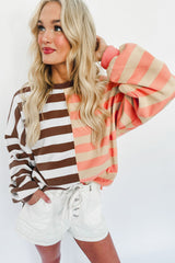 Brown Stripe Color Block Drop Shoulder Pullover Sweatshirt