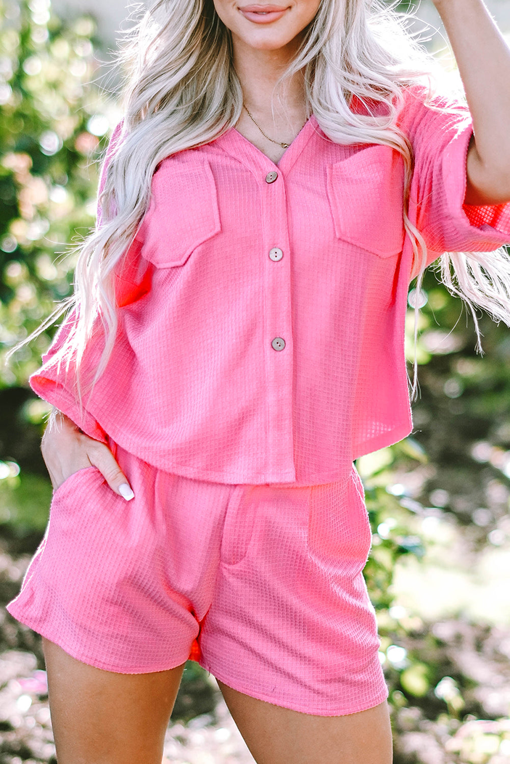 Bright Pink Textured Chest Pocket Half Sleeve Shirt Shorts Outfit