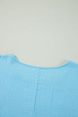 Aruba Blue Crinkled Bracelet Sleeve Flowy Blouse