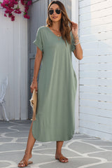 Grass Green V Neck Hidden Pocket Splits Maxi T-shirt Dress