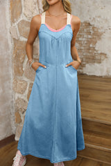 Beau Blue Contrast Straps Pocketed Long Chambray Dress