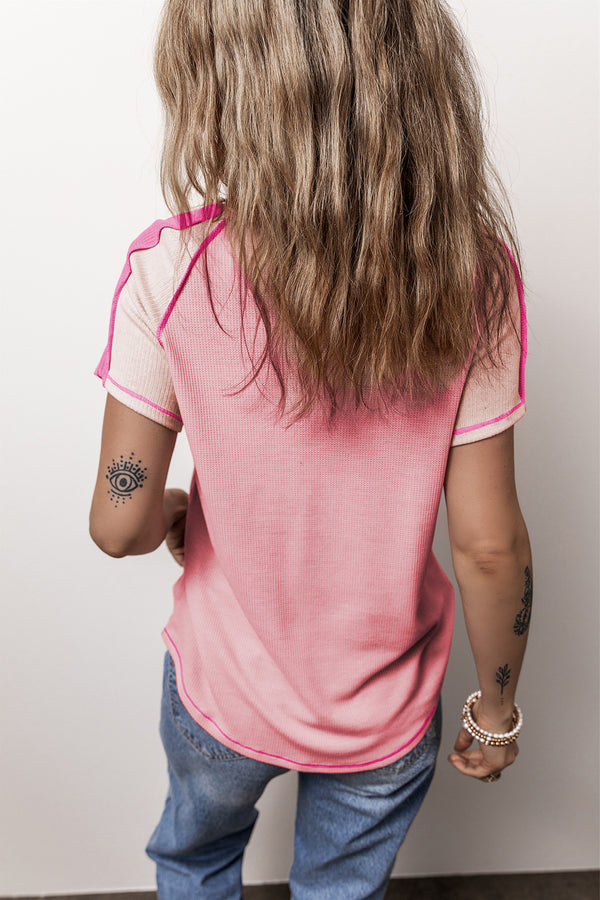 Pink Exposed Seam Color Block Knitted V Neck T-shirt