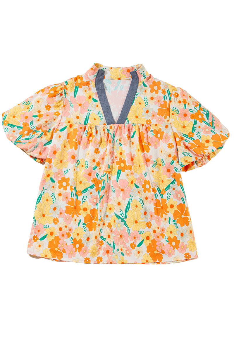 Multicolour Floral Print Bubble Sleeve V Neck Blouse