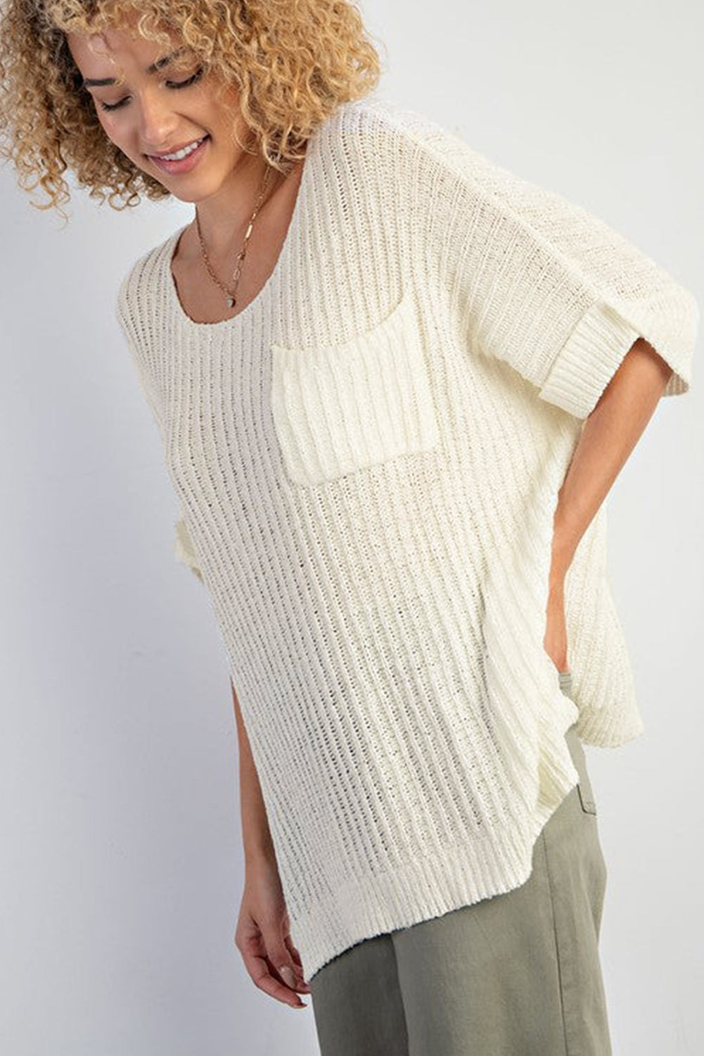 White Rolled Cuffs Loose Knit Tee with Slits