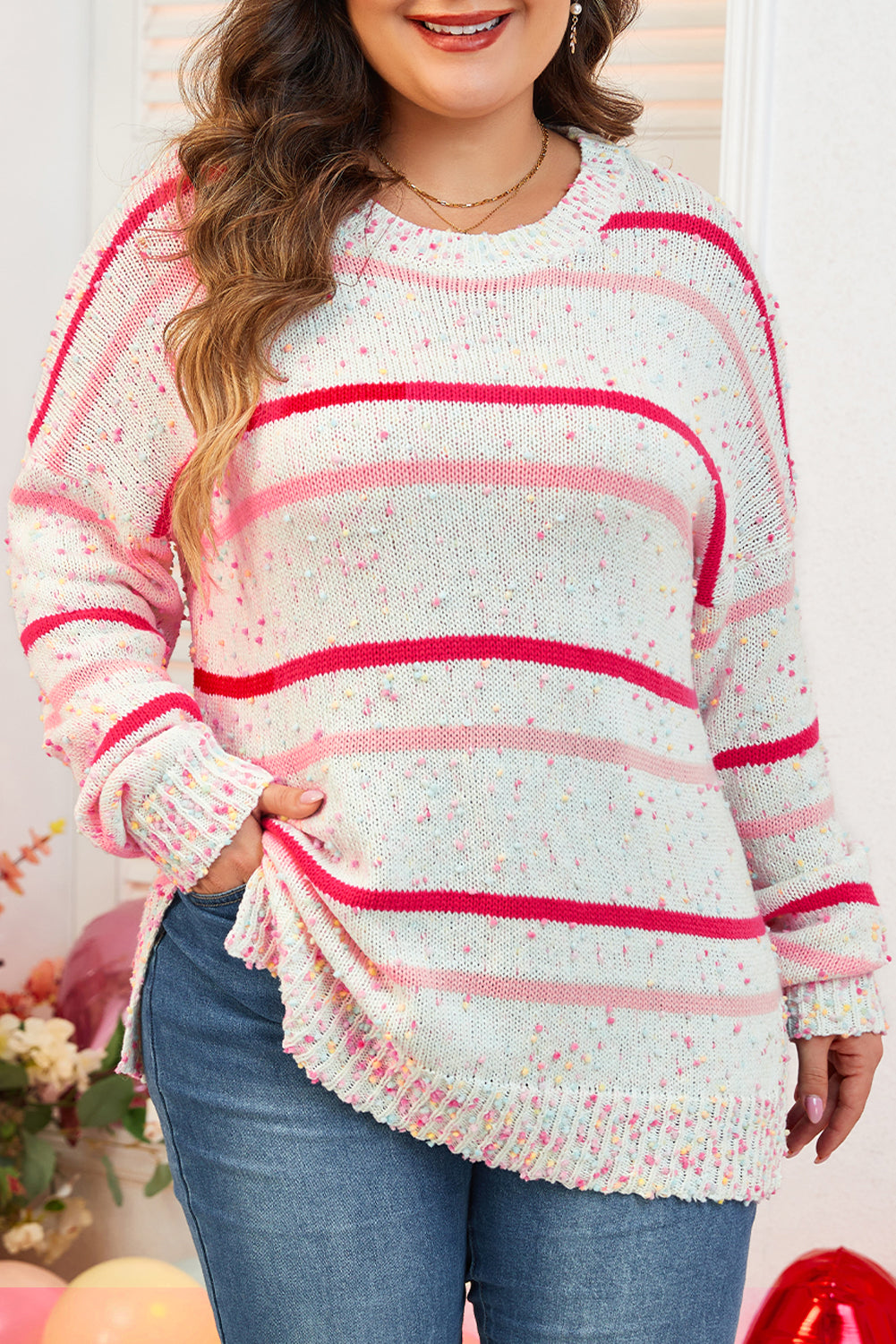 Pink Stripe Drop Shoulder Side Split Plus Size Sweater