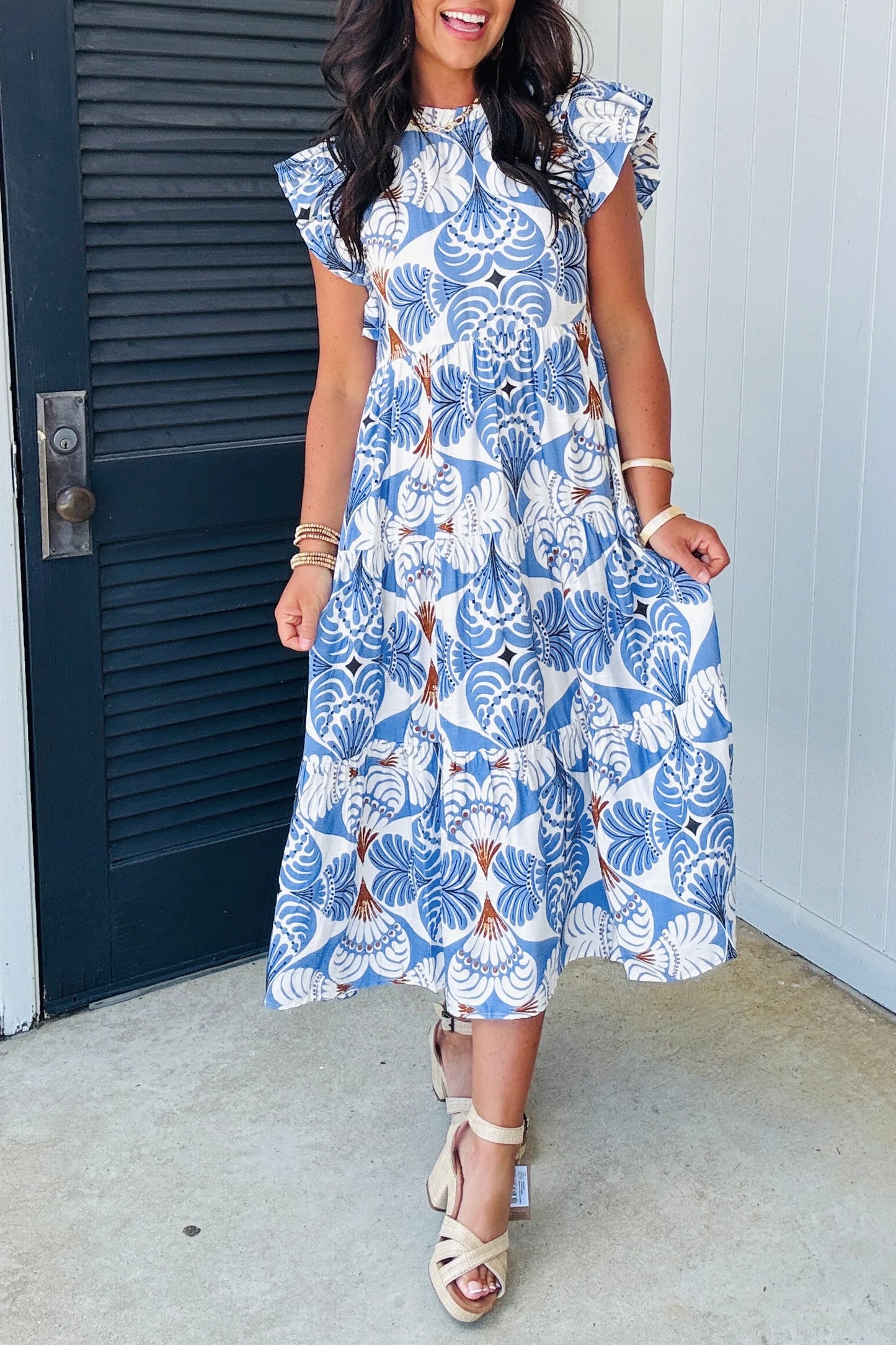 Sky Blue Tropical Botanic Print Flutter Sleeve Vacation Long Dress