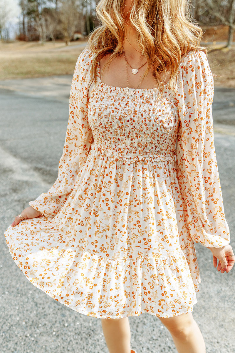 Apricot Boho Floral Smocked Puff Sleeve Mini Dress