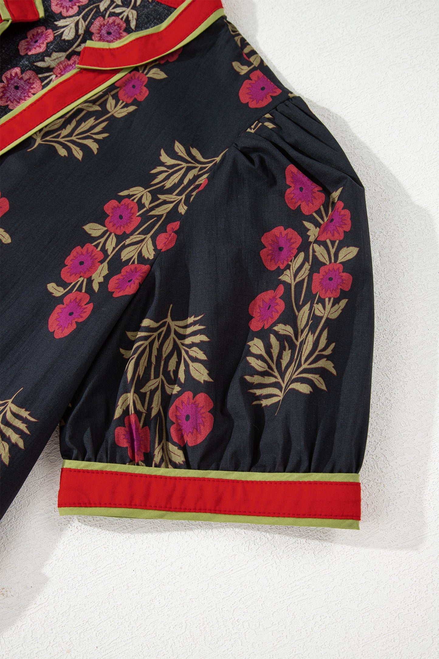 Black Retro Floral Print Button Down Belted Short Puff Sleeve Mini Dress