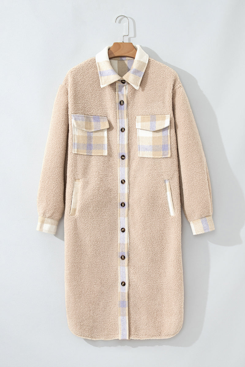 Smoke Gray Plaid Patchwork Collared Button-up Sherpa Long Coat