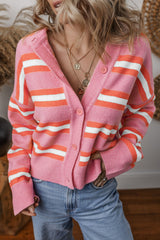 Pink Stripe Drop Shoulder Buttons Cardigan Sweater