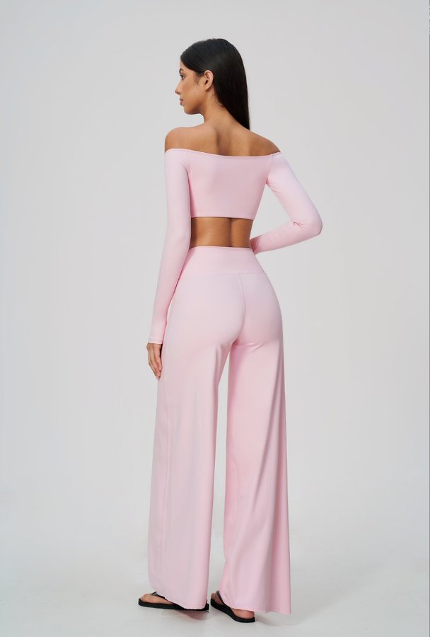 Off-Shoulder Long Sleeve Crop Top and High Waisted Wide Leg
