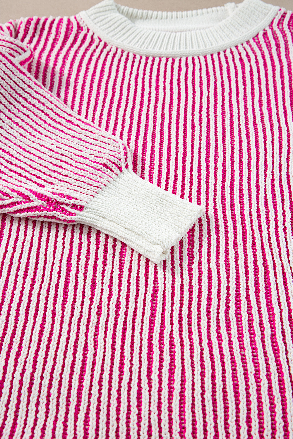 Bright Pink Striped Textured Knit Contrast Edge Loose Sweater