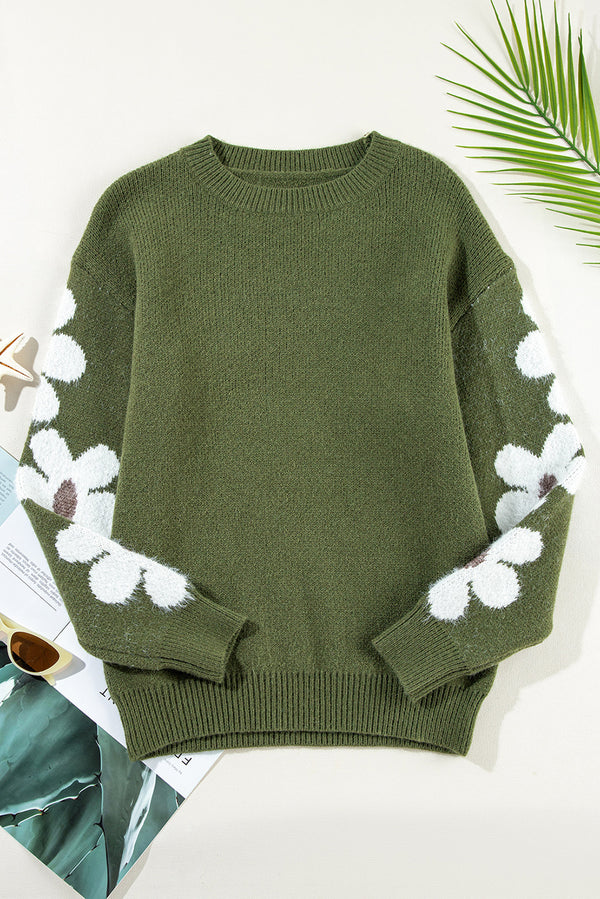 Moss Green Flower Sleeve Drop Shoulder Sweater