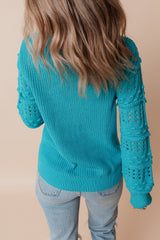 Turquoise Ruffled Eyelet Bubble Sleeve Sweater