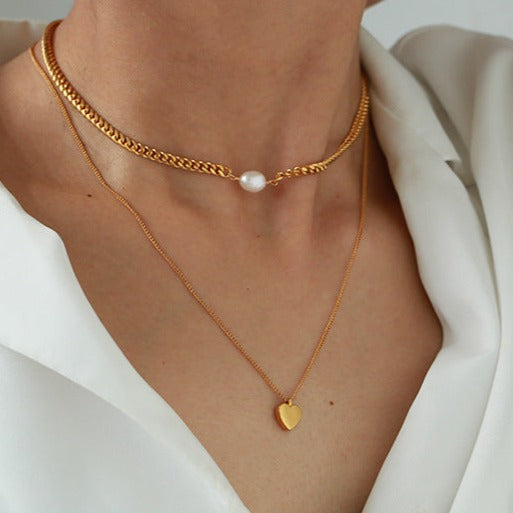 Heart Pendant Chain and Pearl Choker