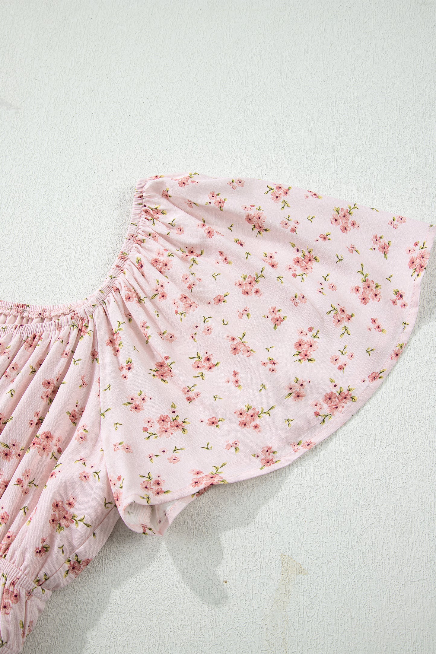 Pink Front Tie Shirred Waist Short Sleeve Ruffled Floral Mini Dress