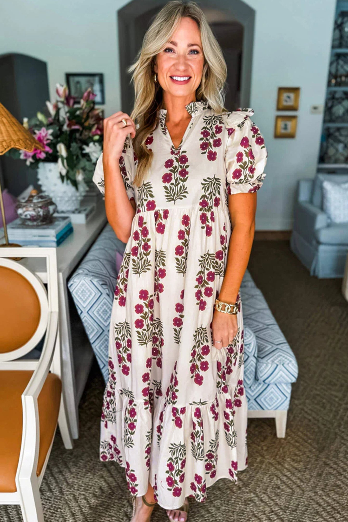 Beige Floral Short Bubble Sleeve Tiered Maxi Dress