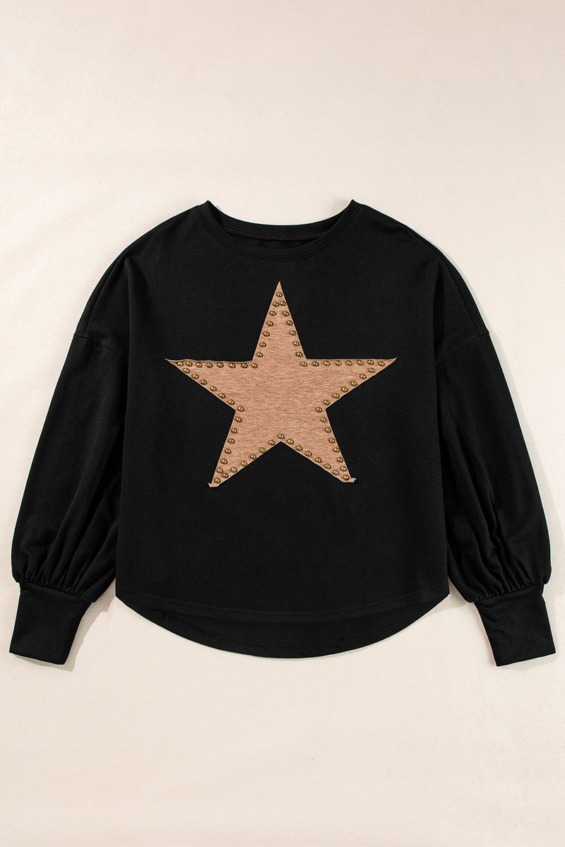 Black Studded Star Graphic Oversized Long Sleeve Top