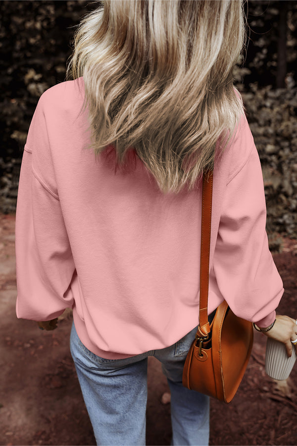 Pink Loose Drop Shoulder Ribbed Sweatshirt