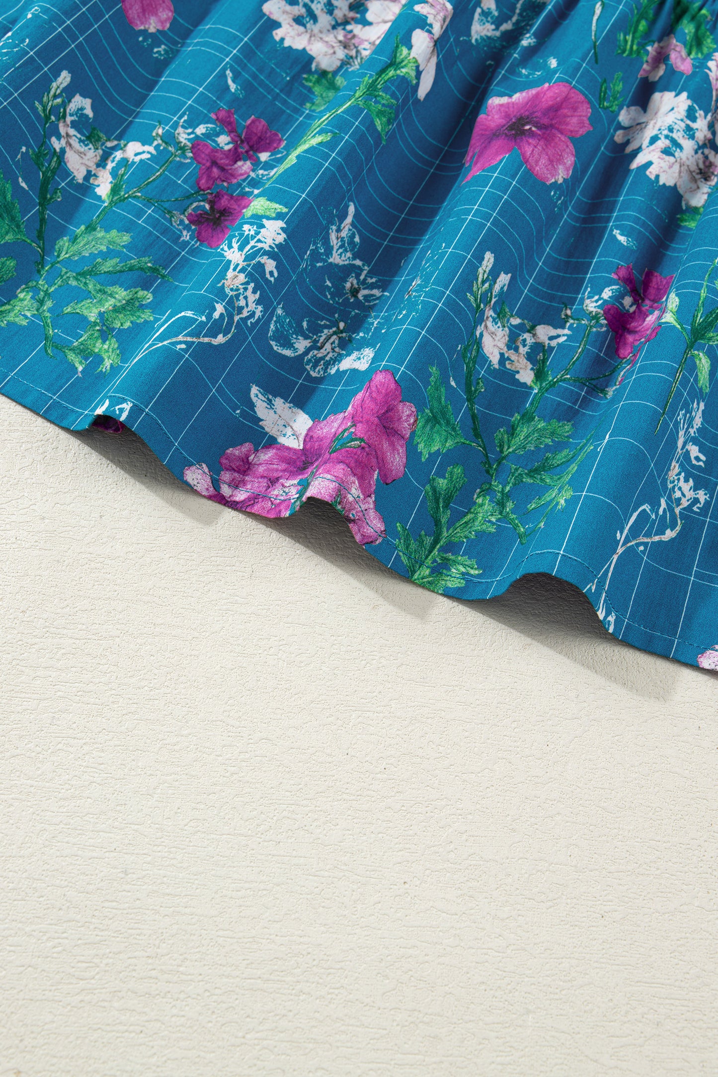 Blue Floral Flutter Sleeve Button Tie Split Neck Belted Long Dress